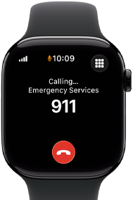Apple Watch Series 11, klavírně černé hliníkové pouzdro, na obrazovce je vidět probíhající tísňové volání, na pravém boku: korunka Digital Crown, černý sportovní řemínek